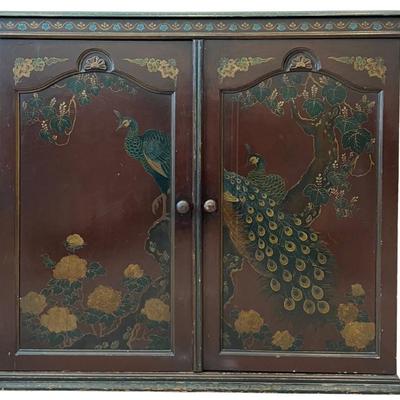Vintage 2 Door Art Deco Cabinet With Peacock Motif 