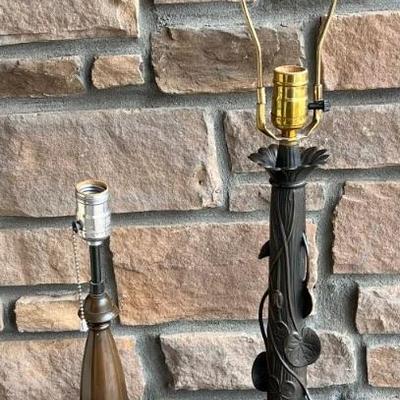 (2) Vintage Metal Table Lamps - Decorative Bronze Tone And Lily Pad With Harp