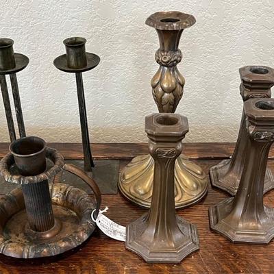 (7) Vintage And Art Nouveau Candle Holders - (3) Heavy Bronze Tone, Germany Copper, And More