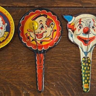 (5) Vintage Tin Clown Noise Making Toys - US Metal Toy MFG. CO. And Kirchhof