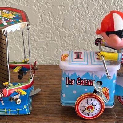 (2) Vintage Tin Toys - Airplane Carrousel And Ice Cream Boy With Key