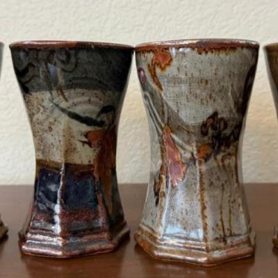 (4) MCM Plum Tree Pottery John Glick Hand Thrown Pottery 5.75" Octagonal Drinking Glasses