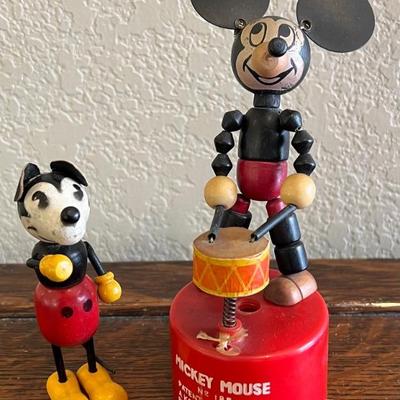 1930's Walt Disney Wooden Mickey Mouse 4" Figurine With Ears And Tail And A Kohner No. 185 Push Puppet