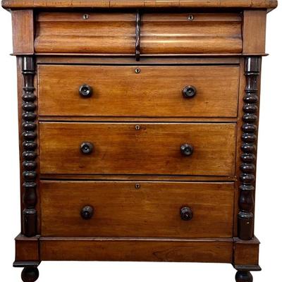  Antique Large Solid Mahogany 5 Drawer Dresser With Dove Tail Drawers And Lock Mechanisms 