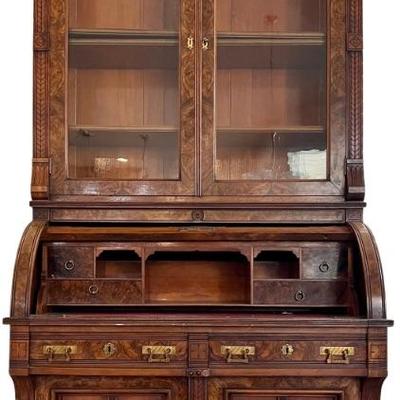 Antique 91" Burl And Walnut Cylinder Roll Secretary Desk With Glass Front And Key