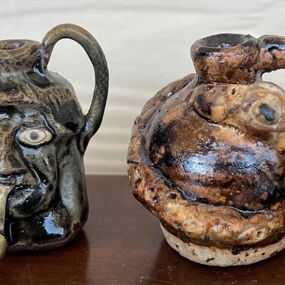 (2) Signed Miniature Pottery Face And Snake Jugs - Signed PC And Marie Rogers Snake