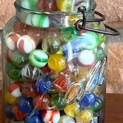 Antique Lidded 7" Ball Jar With Assorted Antique And Vintage Glass Marbles 