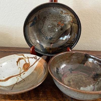 (3) MCM Plum Tree Pottery John Glick Hand Thrown Pottery Bowls 