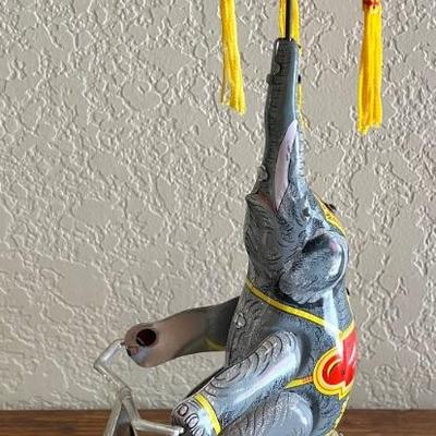 Vintage Tin Wind Up 11" Circus Elephant On Bike With Key