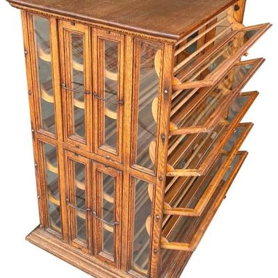 Antique A. N. Russell & Sons Full Size Double Sided Oak And Glass Front Ribbon Store Display Cabinet Ilion NY
