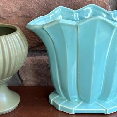 Vintage McCoy USA Turquoise Pottery Fan Vase And A Floraline 407 USA Round Pottery Vase