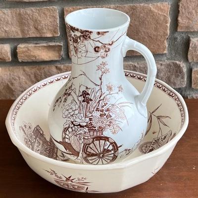 Late 1800's Ironstone 14" Basin Bowl With A Brownfield & Son Tycoon Pitcher 