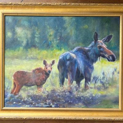 Signed Original Oil On Canvas Moose And Calf In Custom Gold Tone Frame