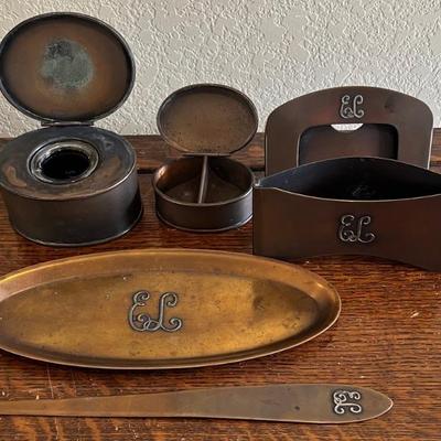 Antique Sterling Silver On Bronze Initialed EL Desk Set - Ink Well, Letter Opener, Card Holder, And More