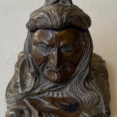 Vintage Indian Head Cast Bronze Metal Ink Well With Glass Insert
