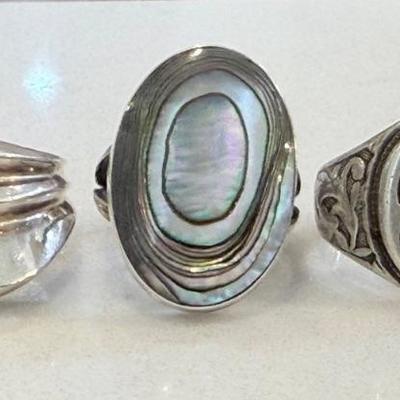 Antique Coin Silver Initial Ring, 925 Sterling Band, And A Mexico JDS Sterling Silver Abalone Ring - 24.68 G