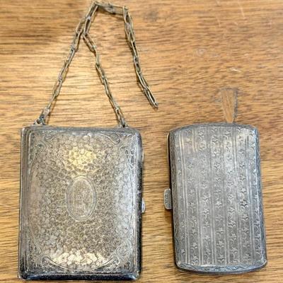 Antique Silver Plate Dance Purse With Mirror And Change Holder, Alpaca Silver Cigarette Case