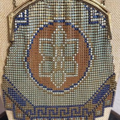 Antique Whiting And Davis Enamel Mesh Purse Flower Motif With Ornate Gold Tone  Frame 