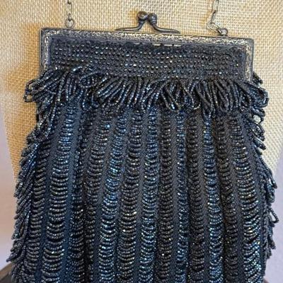Antique Art Deco Aurora Borealis Glass Bead Purse Bag With Ornate Metal Frame 