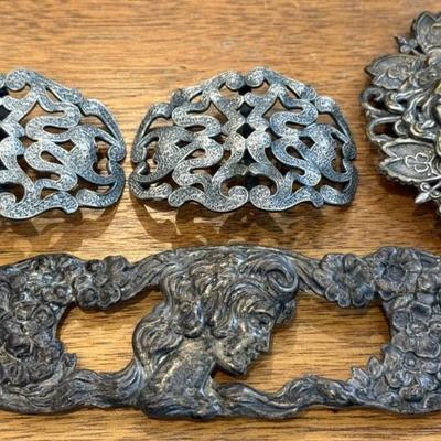 Pair Of Art Nouveau Metal Shoe Buckles And (2) Art Nouveau Silver Plate Belt Buckles