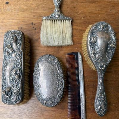 (4) Art Nouveau Antique Sterling Silver Brushes And Sterling Sliver Tortoise Comb - A. Blackinton And F. & B.