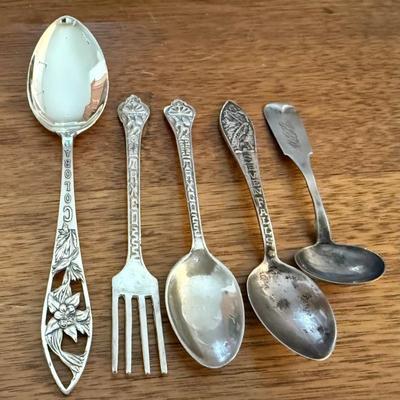 Sterling Silver Colorado Spoon, (2) Taxco 850 Silver Spoon And Fork, Seven Falls Sterling, Coin Silver Sugar