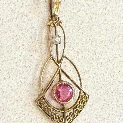 Antique 10k Gold Pink Sapphire And Pearl Lavalier Pendant (as Is) - .75 Grams 