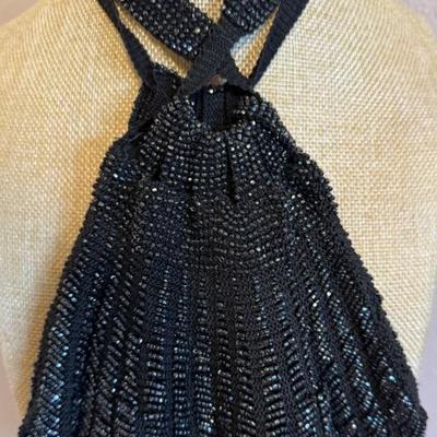 Antique Aurora Borealis Glass Bead Double Drawstring Loop Top Purse Bag With Black Silk Lining 