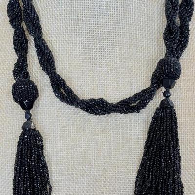 Antique 42" 1920's Flapper Lariat Black Seed Bead Tassel Necklace 