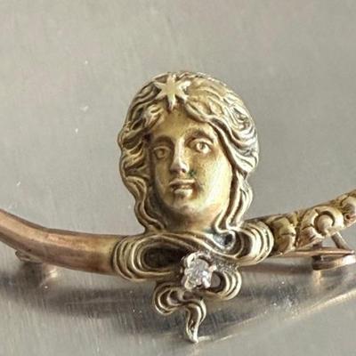 Darling Victorian 10-14K Gold & Small Diamond Female Figurine & Moon Pin Brooch - Total Weight 2 Grams