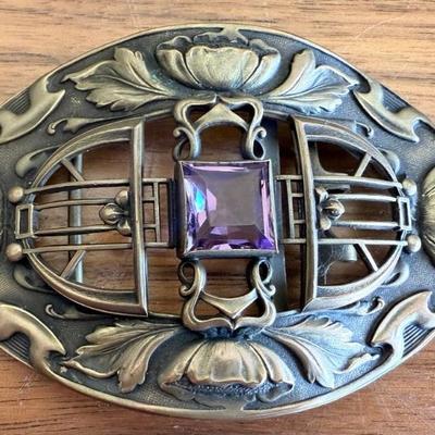 Stunning Art Nouveau Grass & Faceted Amethyst 3.25  Inch Buckle 