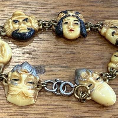 1940's Hand Painted Celluloid Good Fortune 7" Bracelet