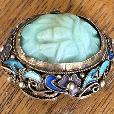 Antique Chinese Carved Jade Silver Filigree Enameled Brooch Pin (as Is)