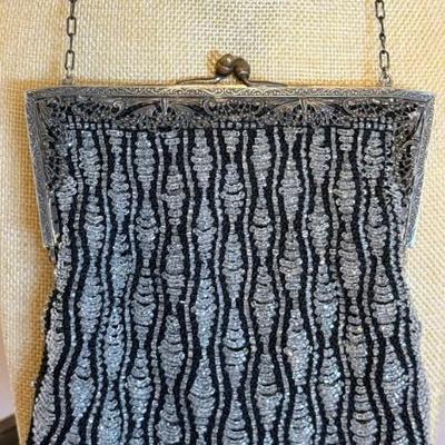 Antique Art Glass Bead Purse Bag With Ornate Metal Frame And Black Material Lining With Flower Trim