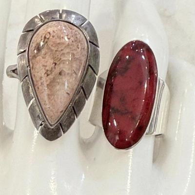 (2) Sterling Silver Mexico Rings - Bloodstone Size 6 And Fire Opal Size 7.5 - 50.75 Grams Total
