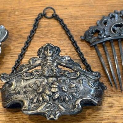 (3) Art Nouveau Silver Plate Hair Comb, Chatelaine Flask Holder, And Hook