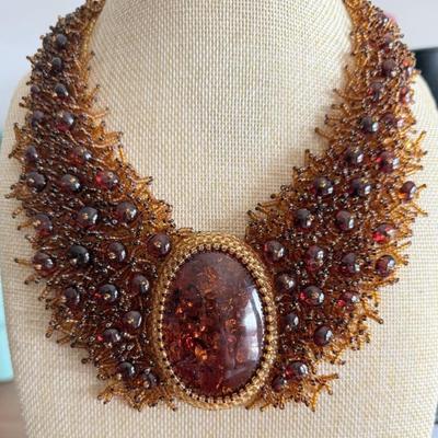 Beautiful Large Amber Pendant - Bead And Seed Bead Statement Necklace 