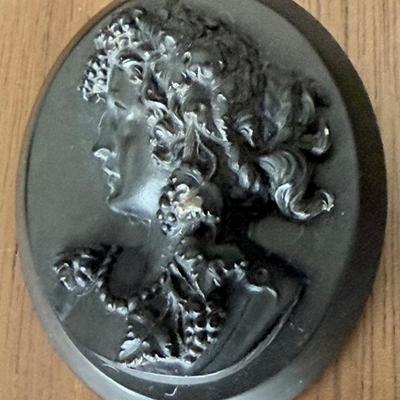 Antique Victorian Gutta Percha Black Cameo Morning Brooch Pin 