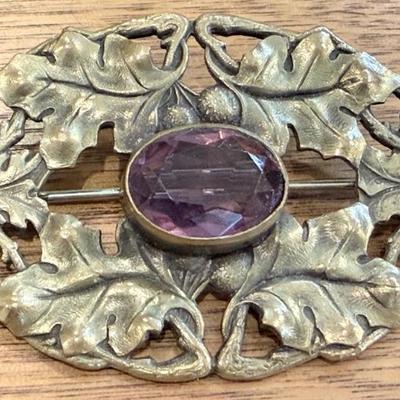 Antique Art Nouveau Brass And Amethyst Purple Glass Sash Pin Brooch