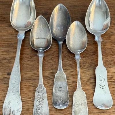 (5) Assorted Size Coin Silver Initialed Spoons - 93 Grams Total