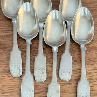 (6) 5.25" 1861 English Coin Silver Fiddle Pattern Spoons William Sharpe Initialed - 100 Grams Total