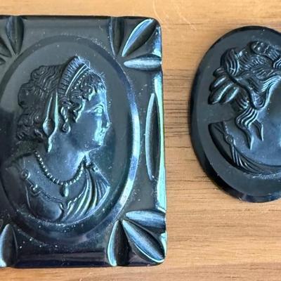 (2) Black Gutta Percha And Glass Cameo Morning Pin And Oval Plaque