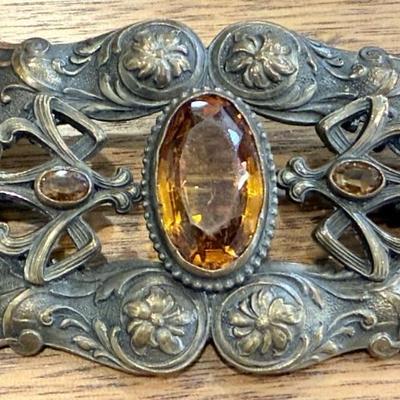 Antique Art Nouveau Faceted Topaz Colored Stone And Brass Sash Pin Brooch