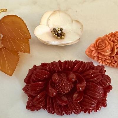 (3) Vintage Carved Japan Pins And One Paper Flower
