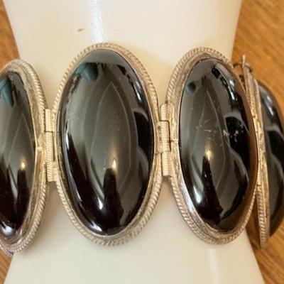 Vintage Mexico Sterling Silver & Large Black Onyx Oval Panel 7 Inch Bracelet - Total Weight 