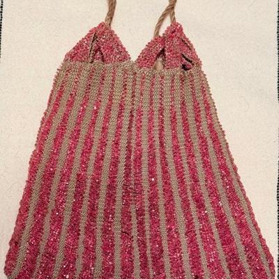 Art Deco Pink Iridescent  Glass Bead Draw String Purse Bag  
