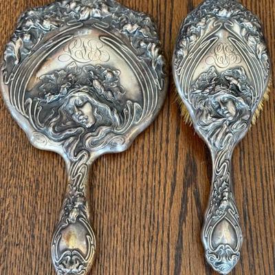 Antique Sterling Silver 925 Fine Unger Bros. Art Nouveau Brush And Hand Mirror 