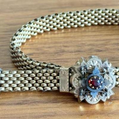 Antique Edwardian Gold Filled Slide Mesh Bracelet With Garnet Stone & Tassels 