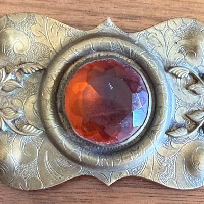 Art Nouveau Antique Brass & Amber Faceted Glass Stone Sash Pin Brooch 
