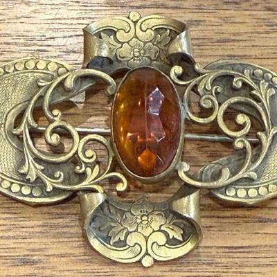 Antique Art Nouveau Brass And Topaz Color Stone Sash Pin Brooch